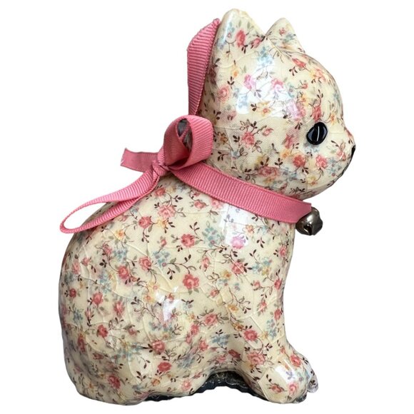 Vtg DECOUPAGE Ceramic CAT Kitten Kitty Floral Cream Fabric Pink Ribbon Bell 6" T - Picture 3 of 15